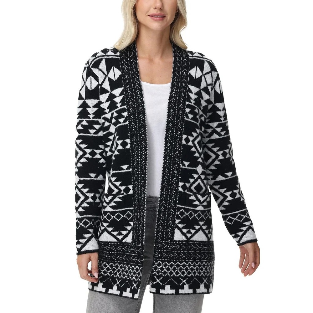 Frye Womens Cozy Cardigan Black White Patterned Geometric Sweater Medium NEW